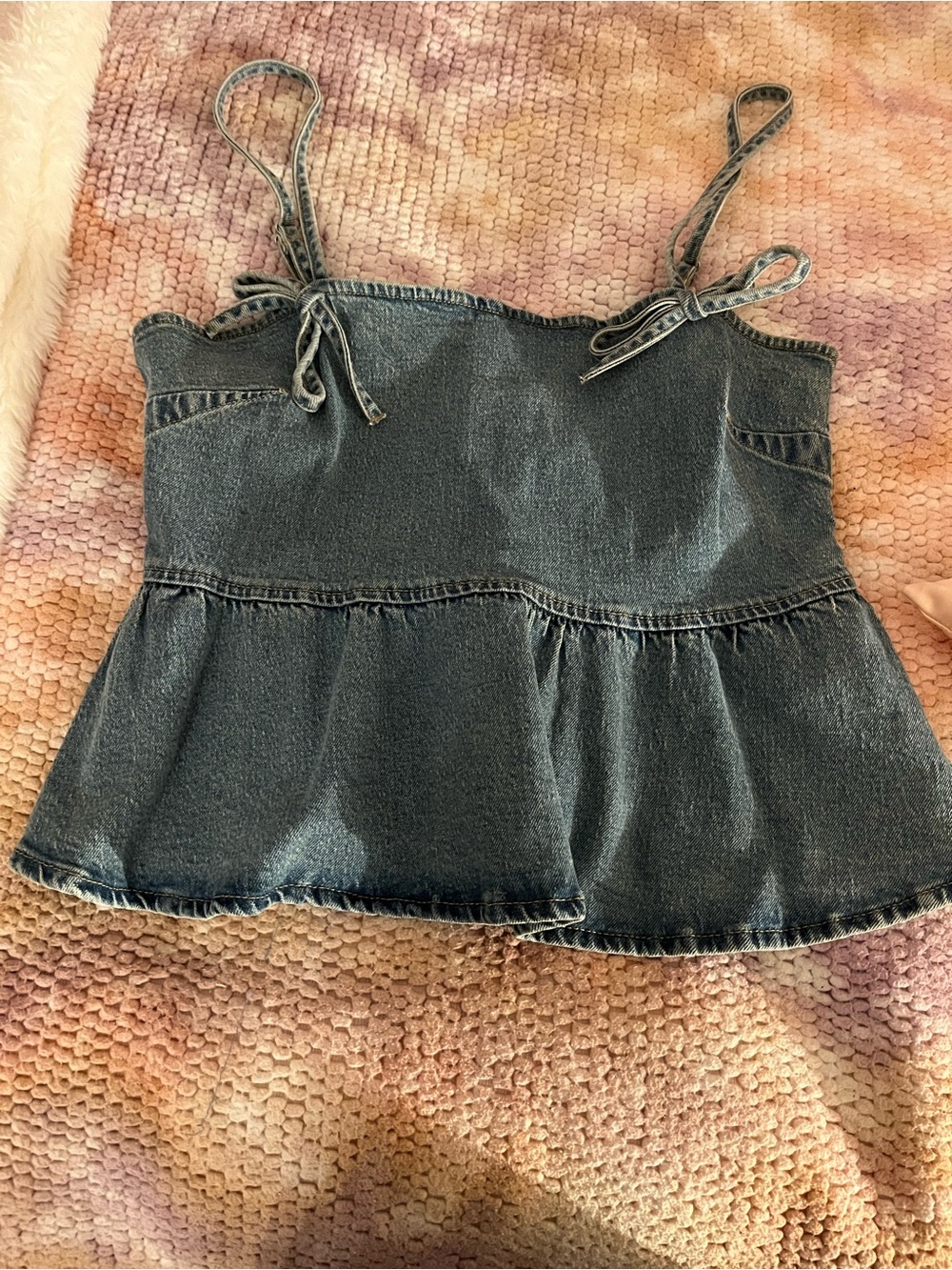 Denim Peplum Tie-Strap Tank Top - Medium Wash